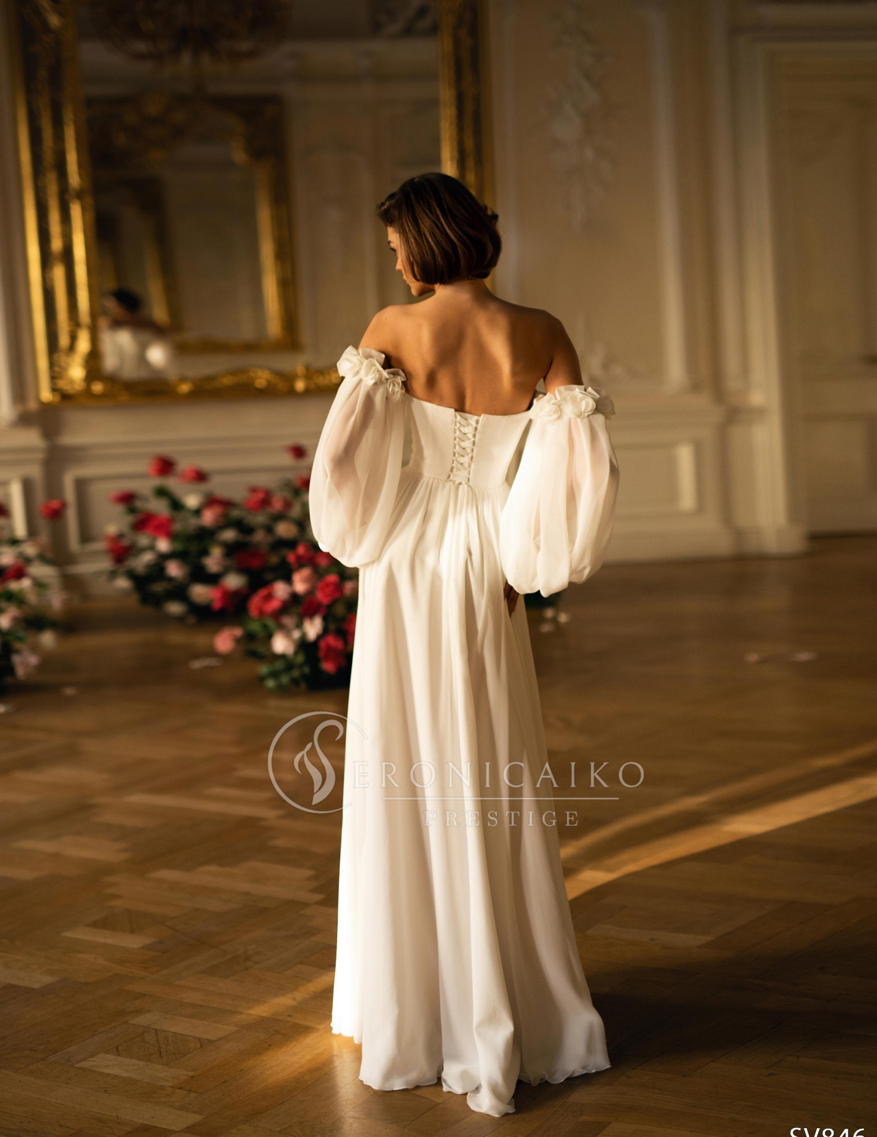 Свадебное платье из шифона с объемными рукавчиками фото