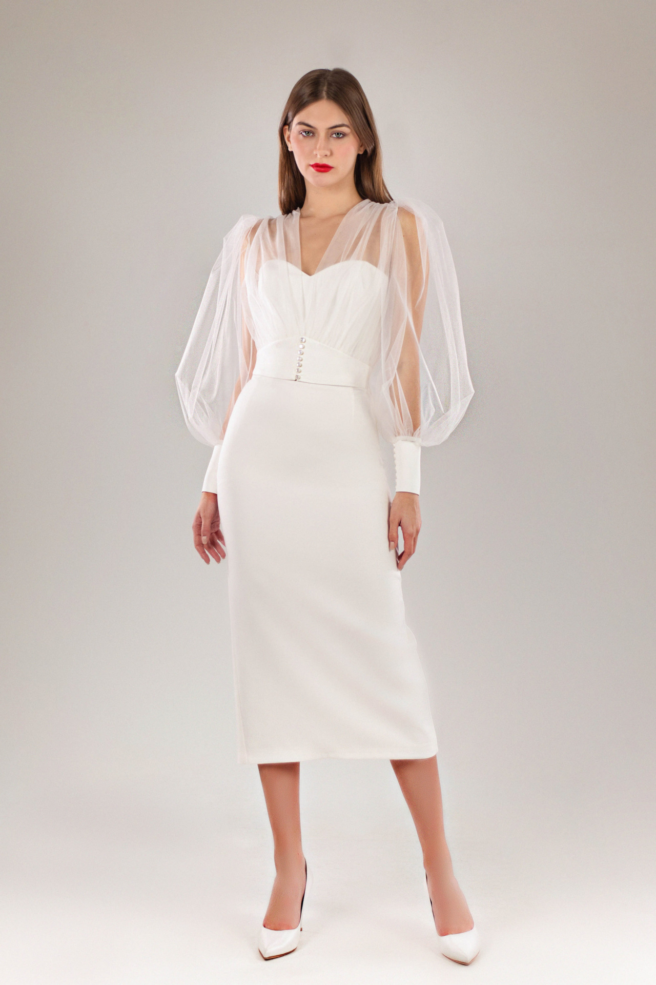 Свадебное платье миди с прозрачным болеро фото