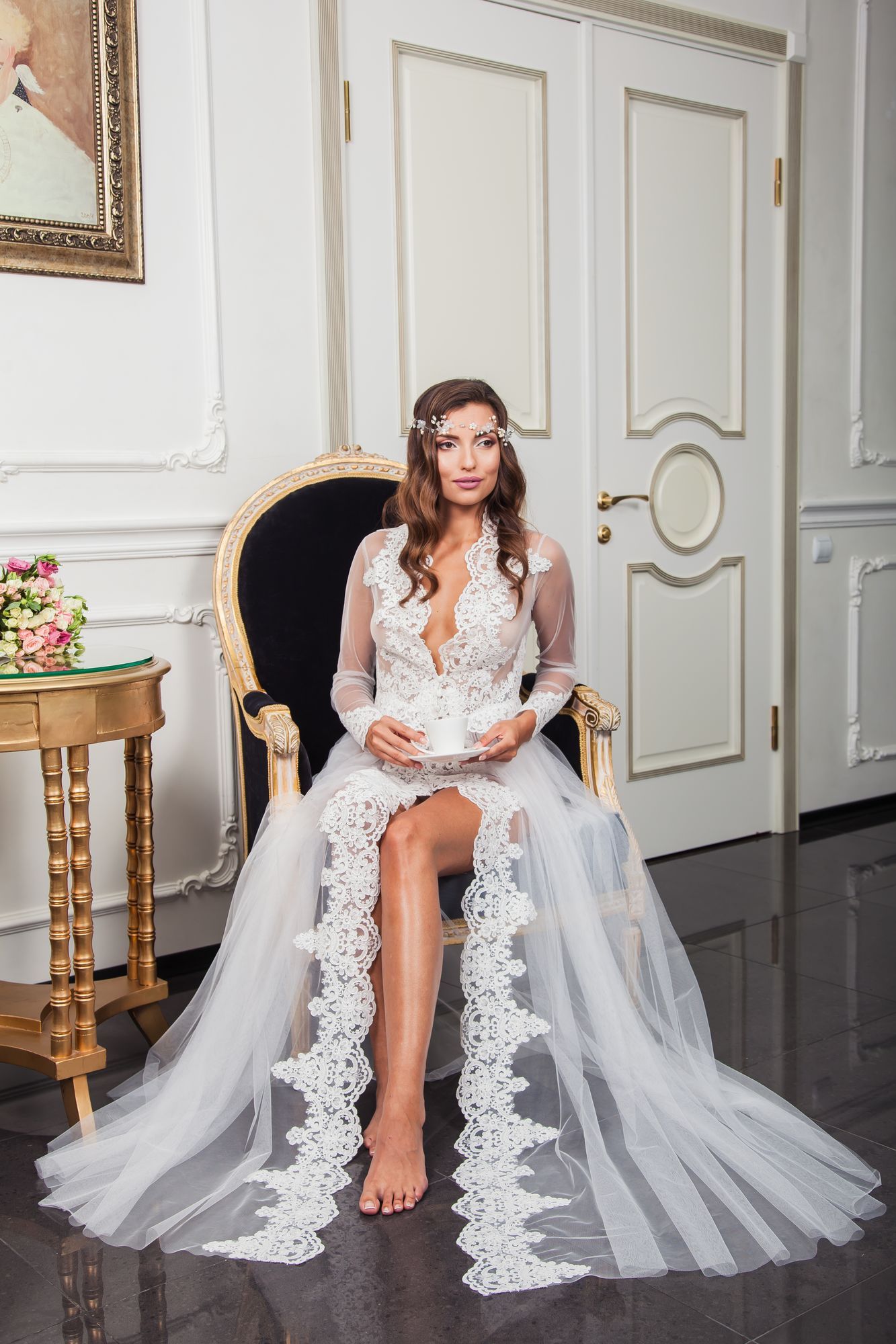 Прозрачный пеньюар с рукавами фото