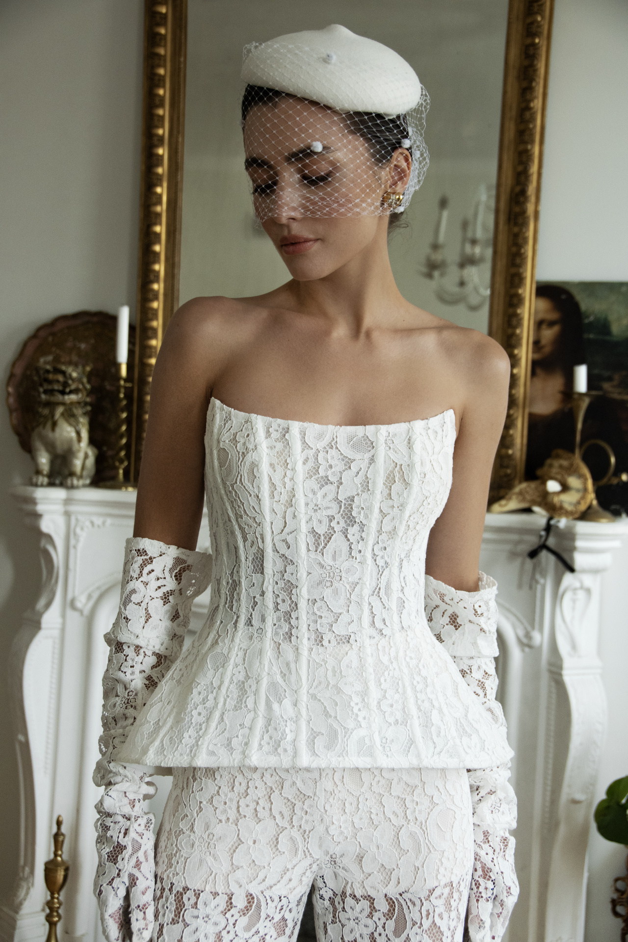 Кружевной свадебный комплект с корсетом и брюками фото