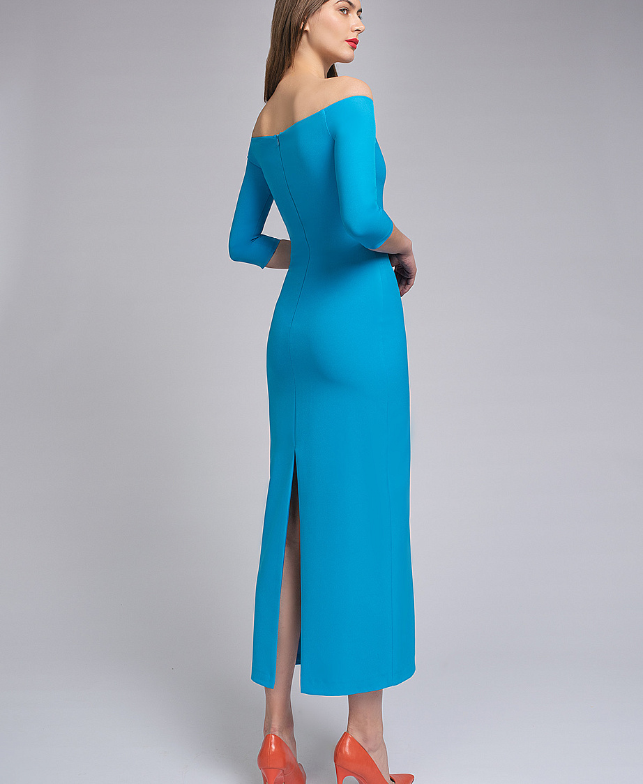 Вечернее платье миди с открытыми плечами фото