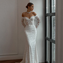 Белое кружевное свадебное платье рыбка с рукавами фото