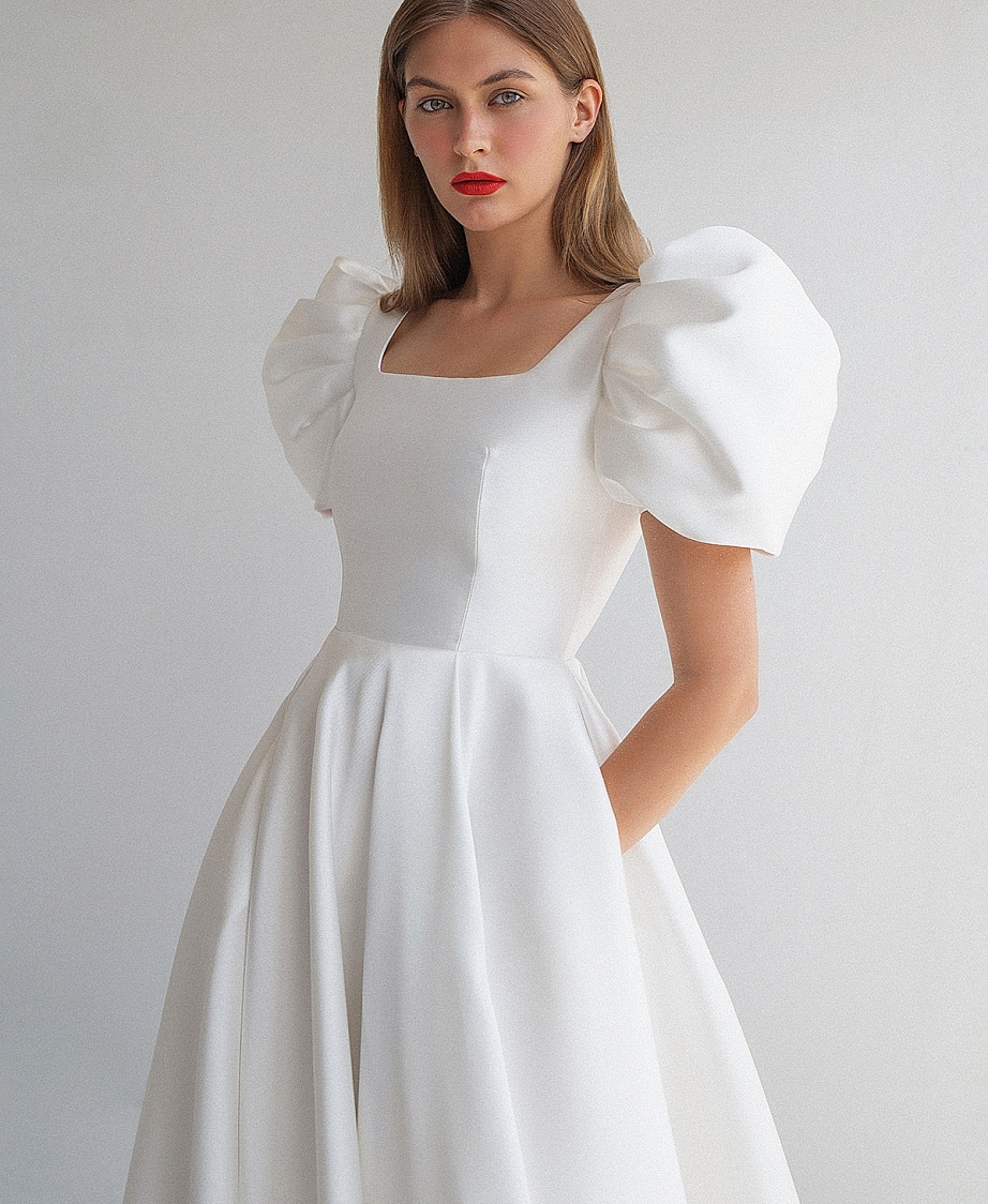 Свадебное платье из микадо с рукавами фонариками фото