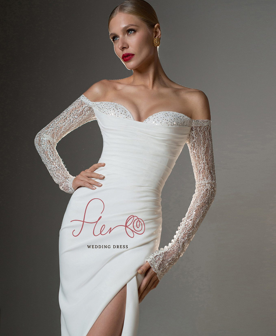 Атласное свадебное платье рыбка с рукавами фото