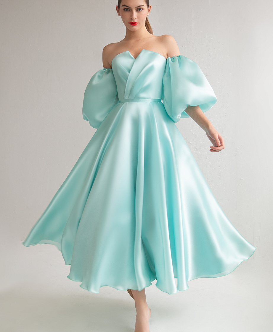 Вечернее платье цвета тиффани миди со съемными рукавами фото