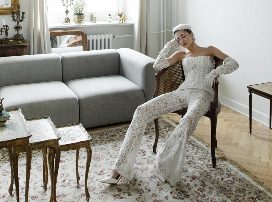 Кружевной свадебный комплект с корсетом и брюками фото