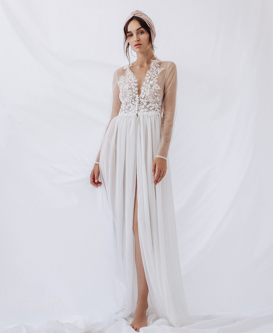 Свадебный халатик из шифона с кружевом фото