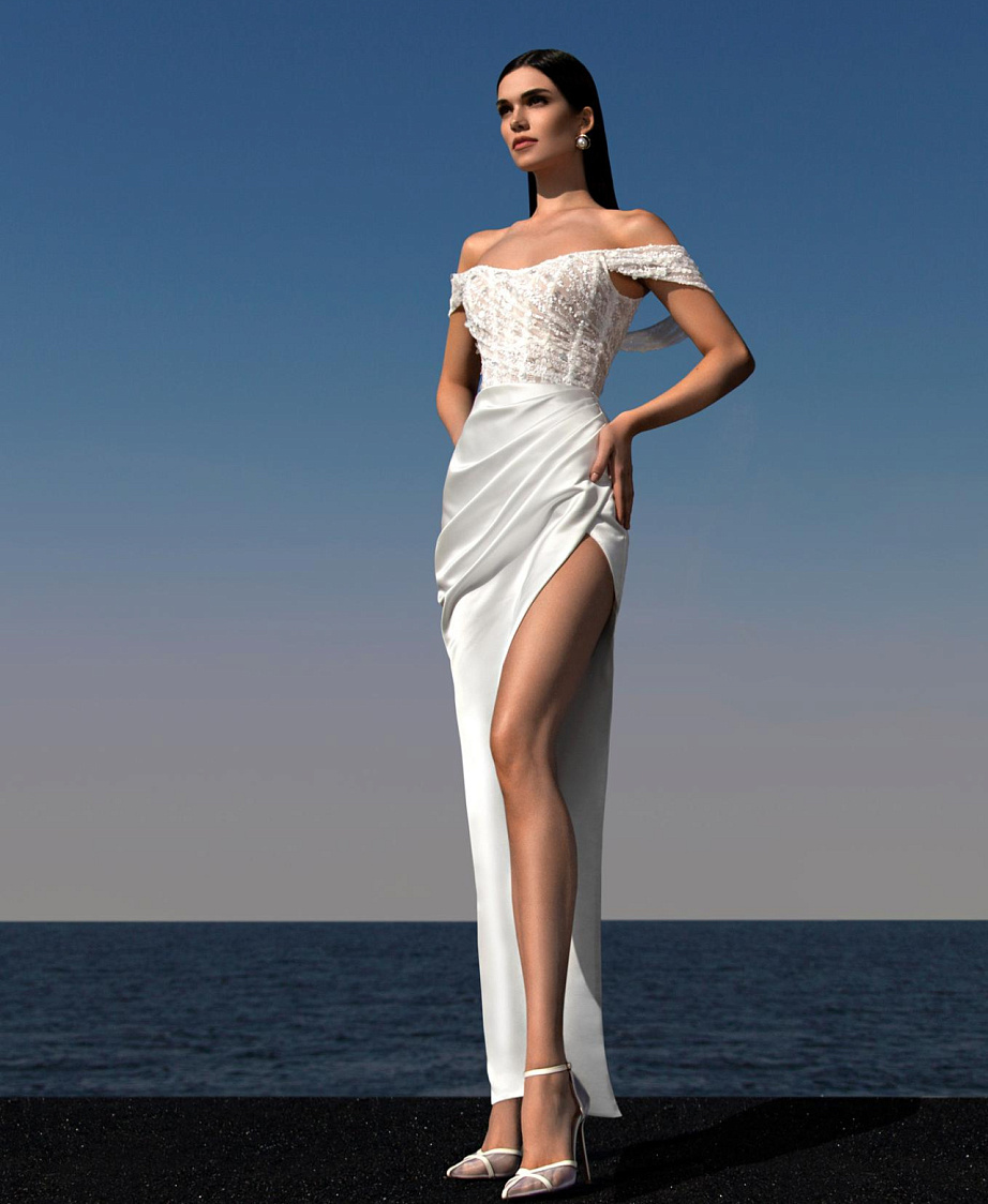 Атласное свадебное платье с кружевным верхом фото