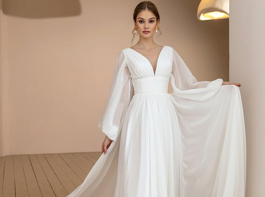 Воздушное свадебное платье с объемными рукавами фото