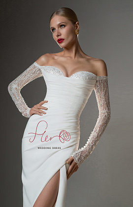 Атласное свадебное платье рыбка с рукавами фото