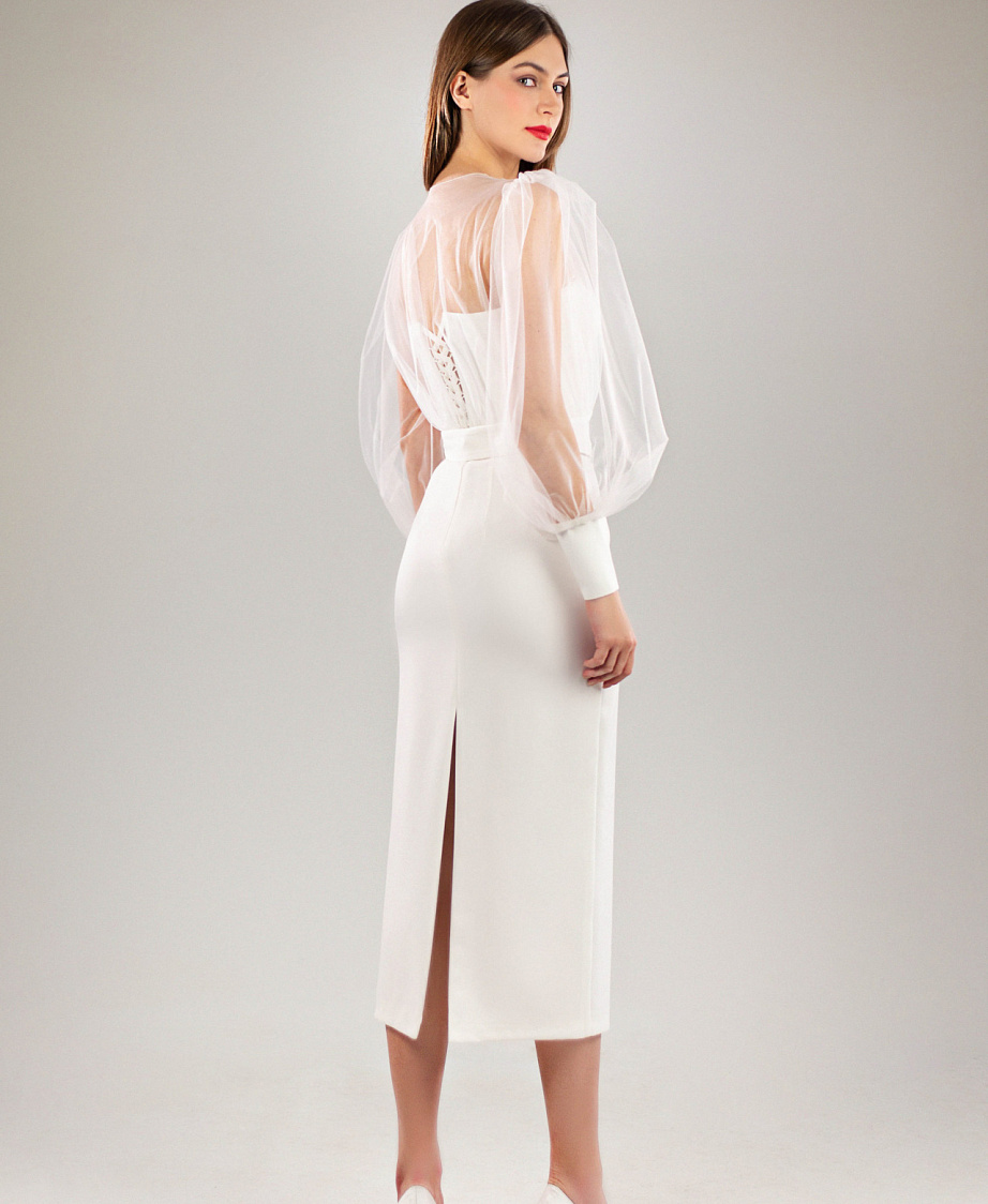 Свадебное платье миди с прозрачным болеро фото