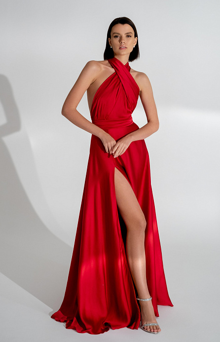Шелковое вечернее платье рубинового цвета фото
