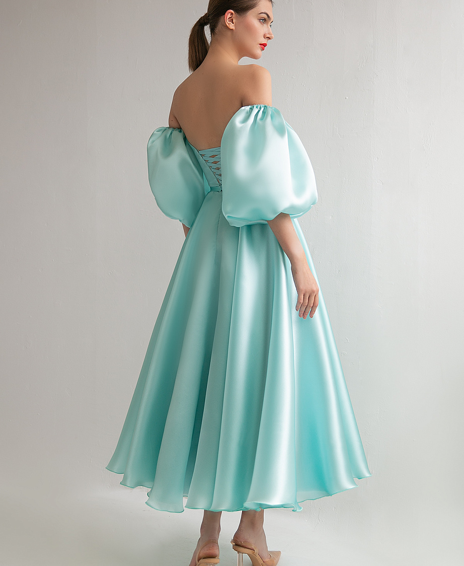 Вечернее платье цвета тиффани миди со съемными рукавами фото