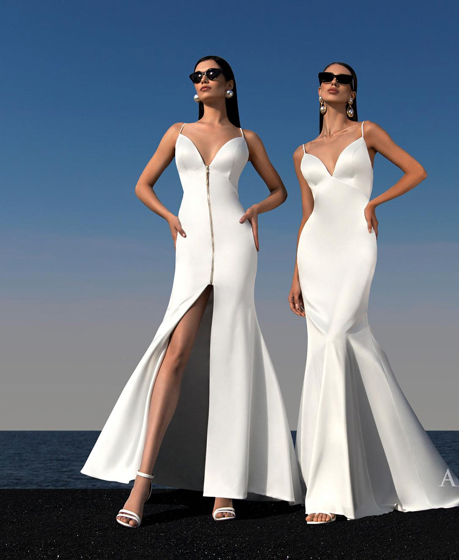 Атласное свадебное платье с акцентной молнией фото