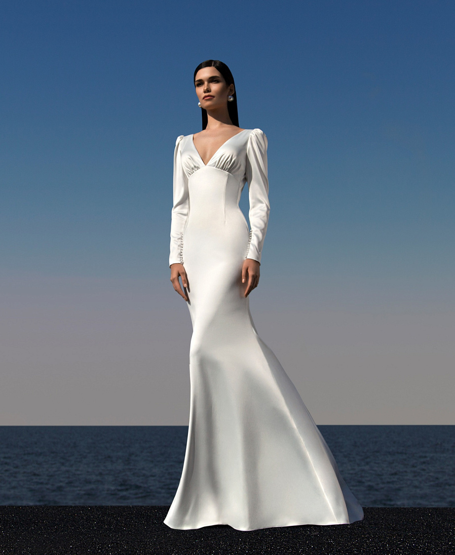 Атласное свадебное платье рыбка с рукавами и открытой спиной фото