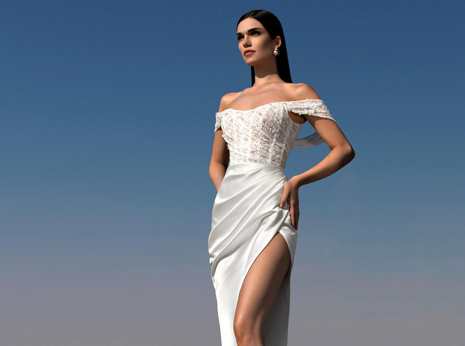 Атласное свадебное платье с кружевным верхом фото